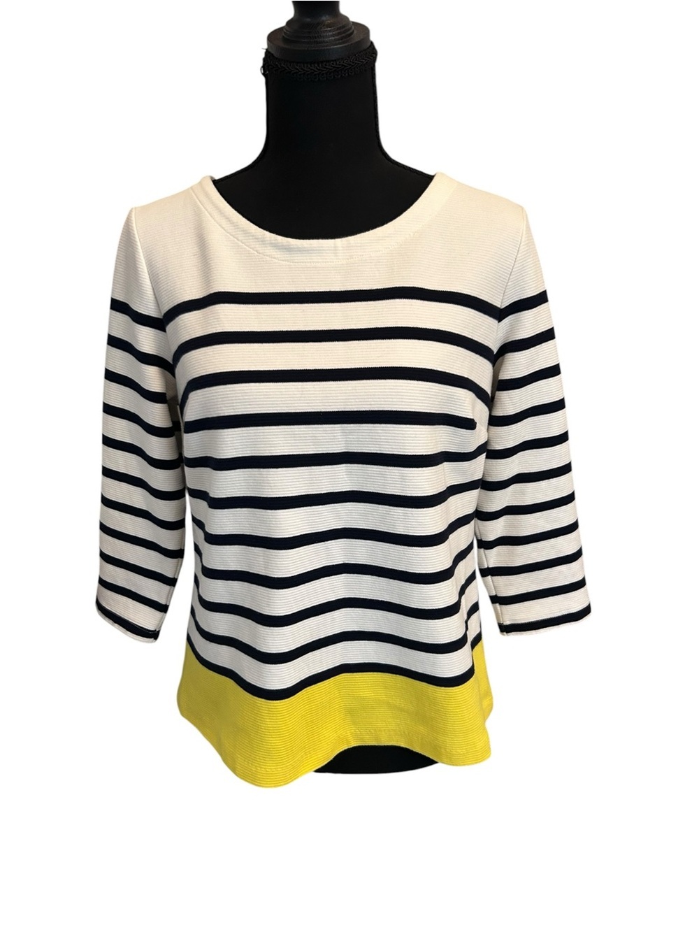 Talbots Classic White Navy Striped Knit Top with Yellow Hem PM